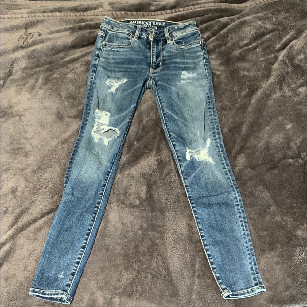 American Eagle Outfitters Blue Skinny Jeans with Distressed Details 00